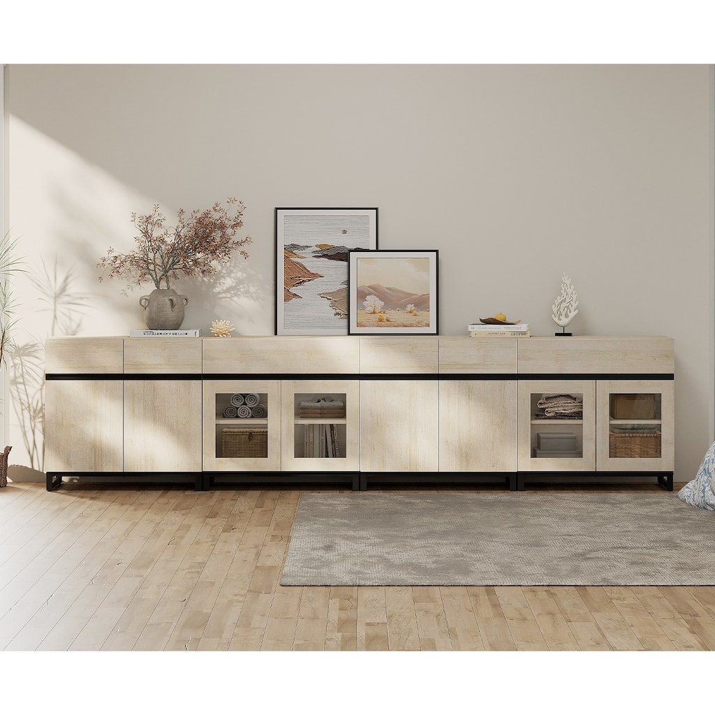 4 in 1 Modern Dresser with Glass Doors & 2 Drawers, featuring an adjustable shelf and metal base for organized storage