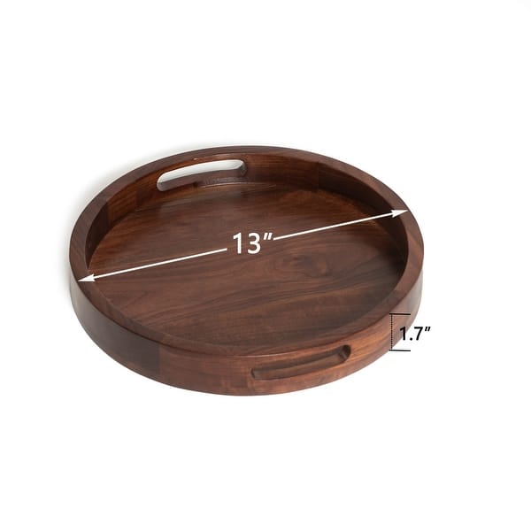 KINWELL Round Black Walnut Wood Serving Tray Ottoman Tray with Handles