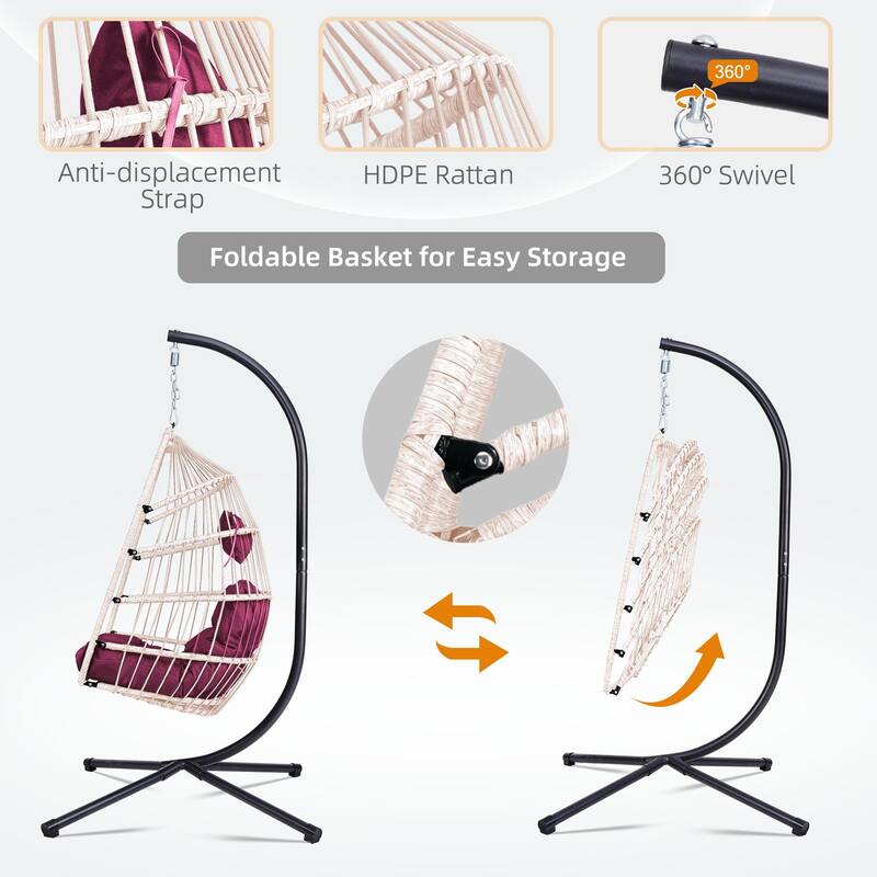 Outdoor Egg Hanging Chair, Swing Chair with Stand & Aluminum-Steel Frame, Patio Rattan Wicker Hanging Swing Egg Chair