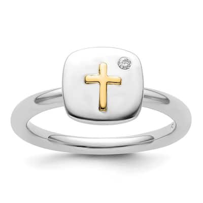 Curata 2.25mm 925 Sterling Silver and 14k Religious Faith Cross Stackable Expressions Diamond Ring
