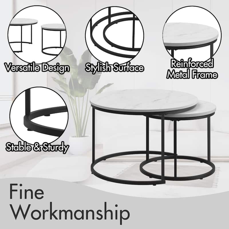 Modern Nesting Coffee Table Round Coffee Table Side Table, 2-Piece Set with Base, for Living Room, Brown