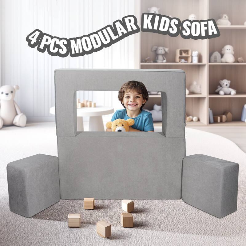 Grey Chenille Kids Modular Couch with Foam Blocks and Safe Zippers - 39.37” L x 39.37” W x 7.87” H