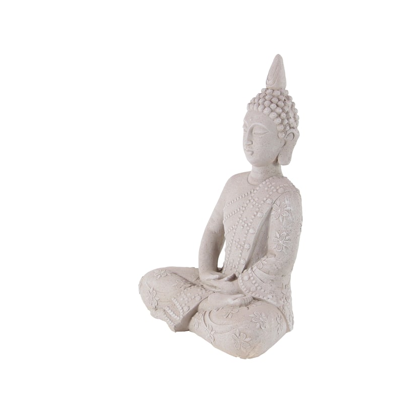 Gray Magnesium Oxide Indoor Outdoor Meditating Buddha Decorative Garden Sculpture with Floral Carvings and Beaded Details