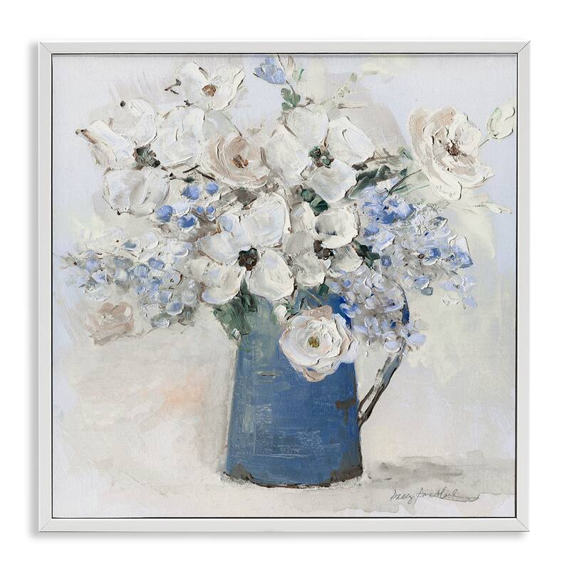 Stupell Bouquet in Blue Country Vase Framed Giclee Art Design By Sally Swatland - 12 x 12 - White