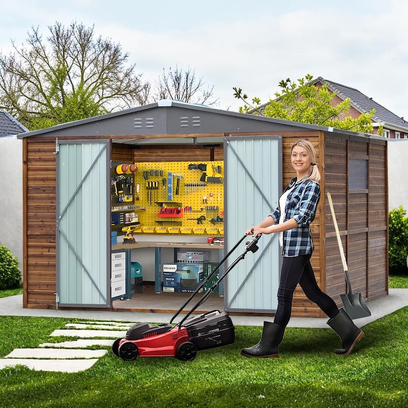 8x10 FT Wood and Metal Storage Shed, Cedar Outdoor Garden Shed with Iron Roof, Double Doors, Windows and Vents