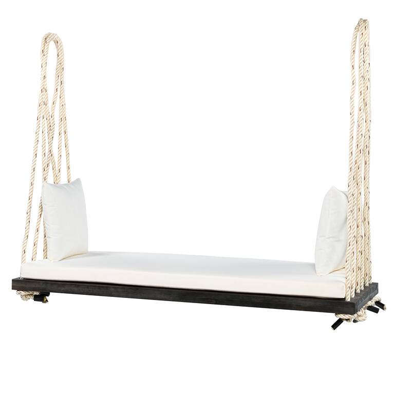 Patio Wood Hanging Swing Bench with Cushion and Pillows