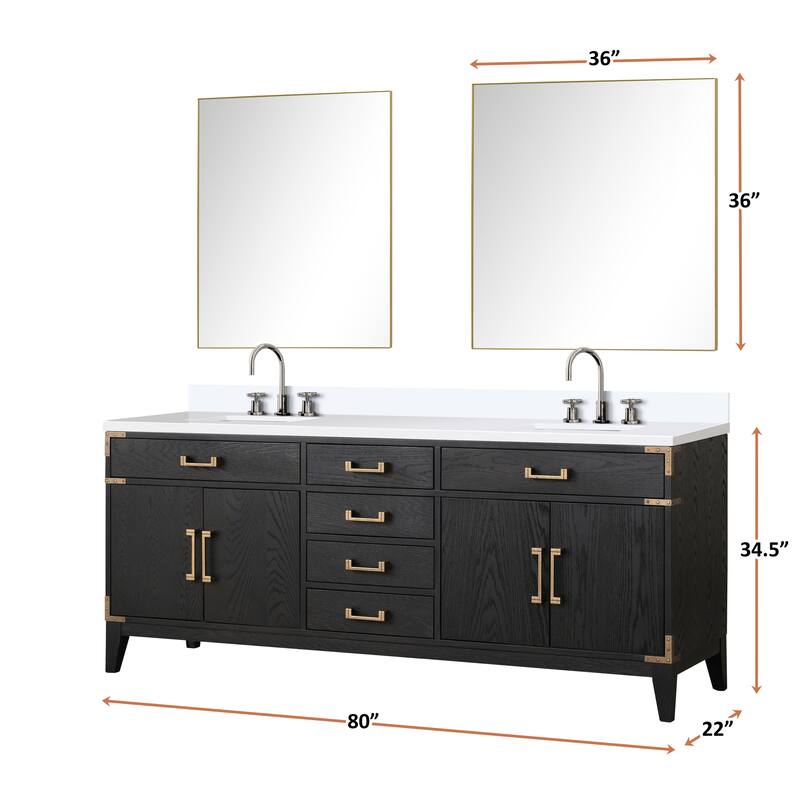 Laurel 60 in W x 22 in D Black Oak Double Bath Vanity, White Quartz Top, Faucet Set, and 28 in Mirrors