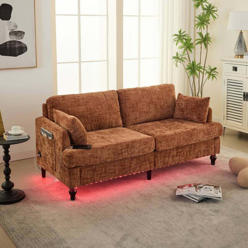 Modern Style Chenille 2-Seater Wood-Legged Sofa With Led Light,USB Charging Port And Storage Bag Living Room Bedroom Study Room