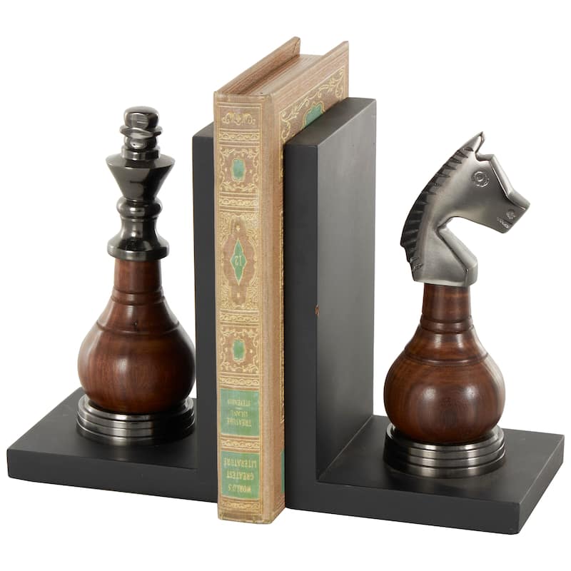 Black Aluminum Metal Chess Bookends with Aluminum Accents (Set of 2)