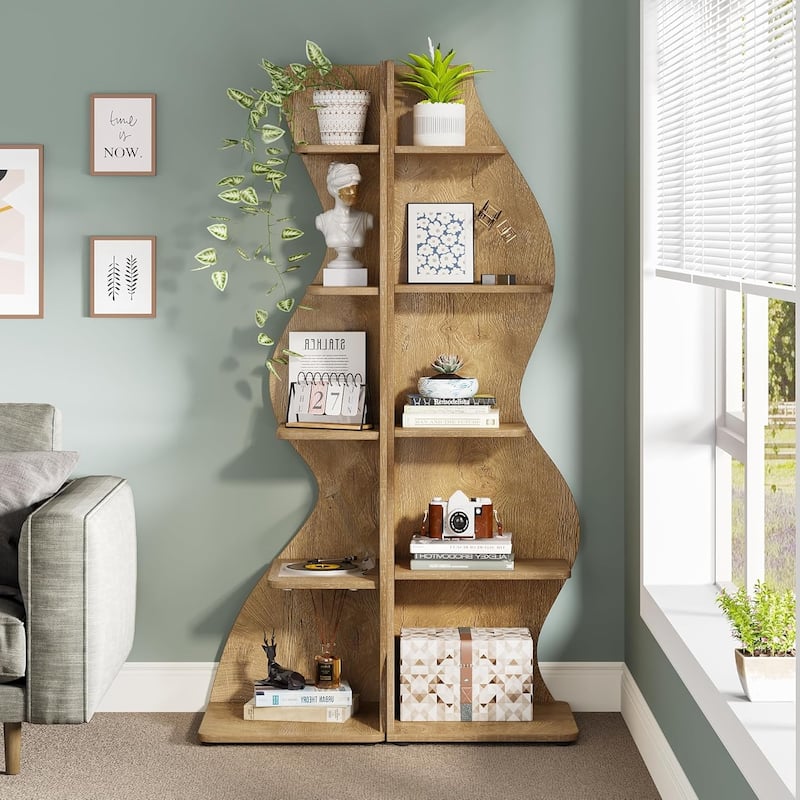 Corner Shelf Bookcase Bookshelf with Unique Shape for Living Room, Home Office - 2PC - Light Brown