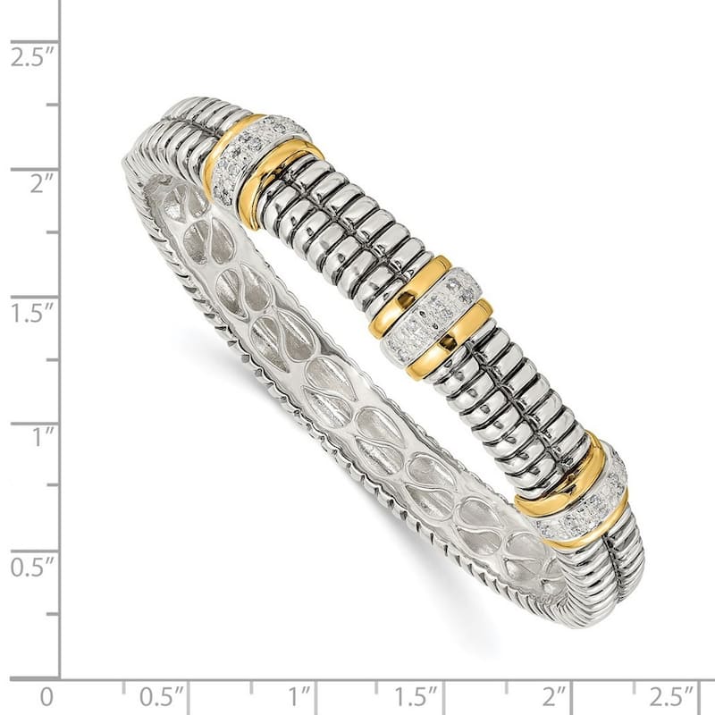 Curata 925 Sterling Silver Hinged Polished Prong set Hidden catch and 14k Yellow Diamond Cuff Stackable Bangle Bracelet