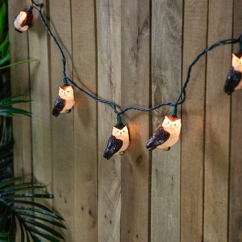 10-Count Brown and Whte Owl Patio Light Set 5.75ft Green Wire - Brown and White