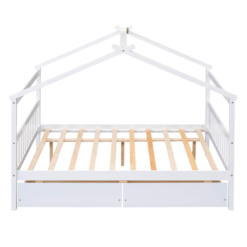 Kids' Twin/Full Wooden House Bed with Drawers, House-Shaped Frame, and Pine Wood Construction