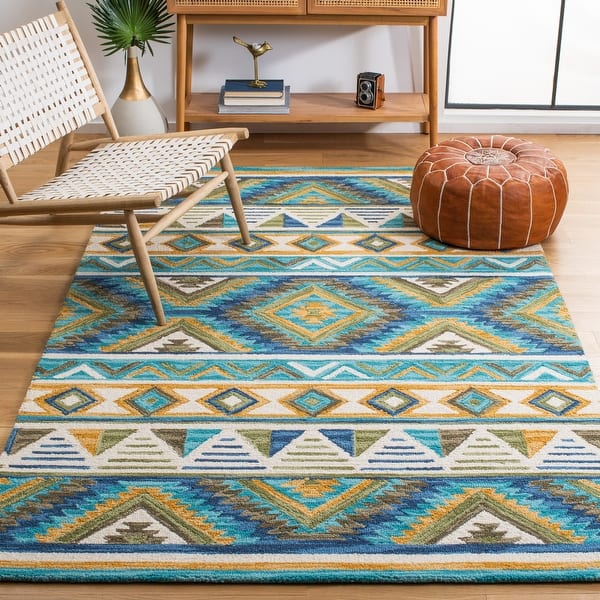 slide 2 of 8, SAFAVIEH Handmade Aspen Gunlaug Rustic Boho Wool Rug 3' x 5' - Blue/Yellow - Rectangle