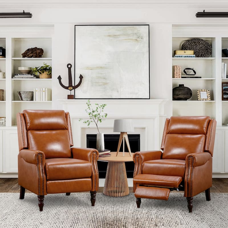 Mid-century Genuine Leather Recliner Adjustable Push Back Comfortable Set of 2 Arm Chairs for Living Room - Camel