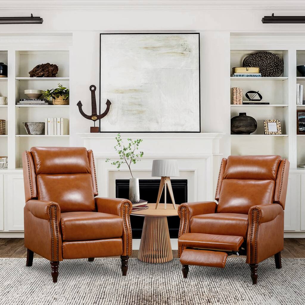 COZYMAN Modern Genuine Leather Adjustable Push Back Set of 2 Recliner Chairs With Solid Wood