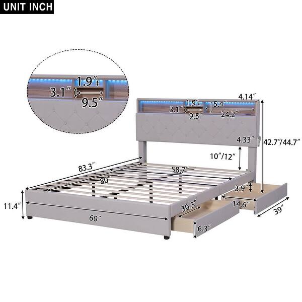 Queen Size Upholstered Platform Bed with Storage Headboard, LED, USB