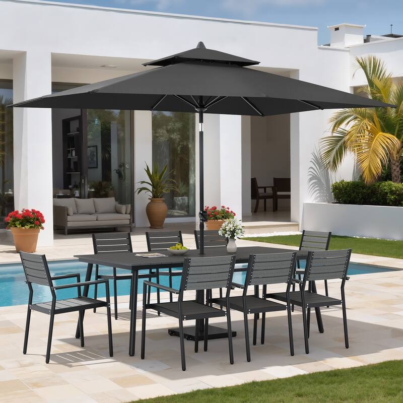 11PC Outdoor Patio Dining Set Wood-Like Aluminum Table with Stackable Armchairs,Double Top Market Umbrella and Wheel Base - GreyTable&GreyChairs&BlackUmbrella