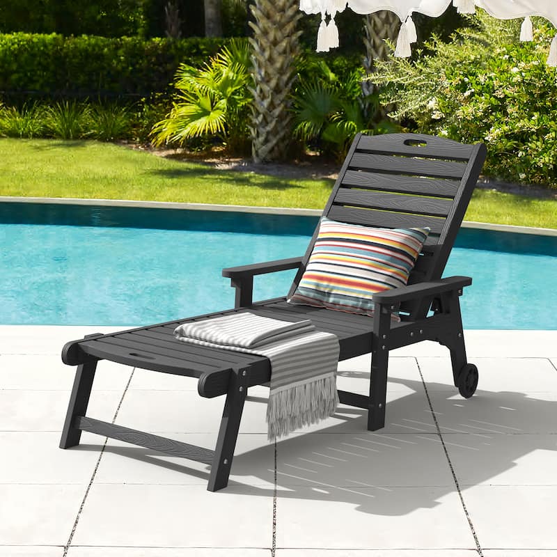 Outdoor Adjustable Wheeled Chaise Lounge Chairs with Arms for Patio, Deck, Backyard - 78.9"L x 24"W x 39.7"H - Black