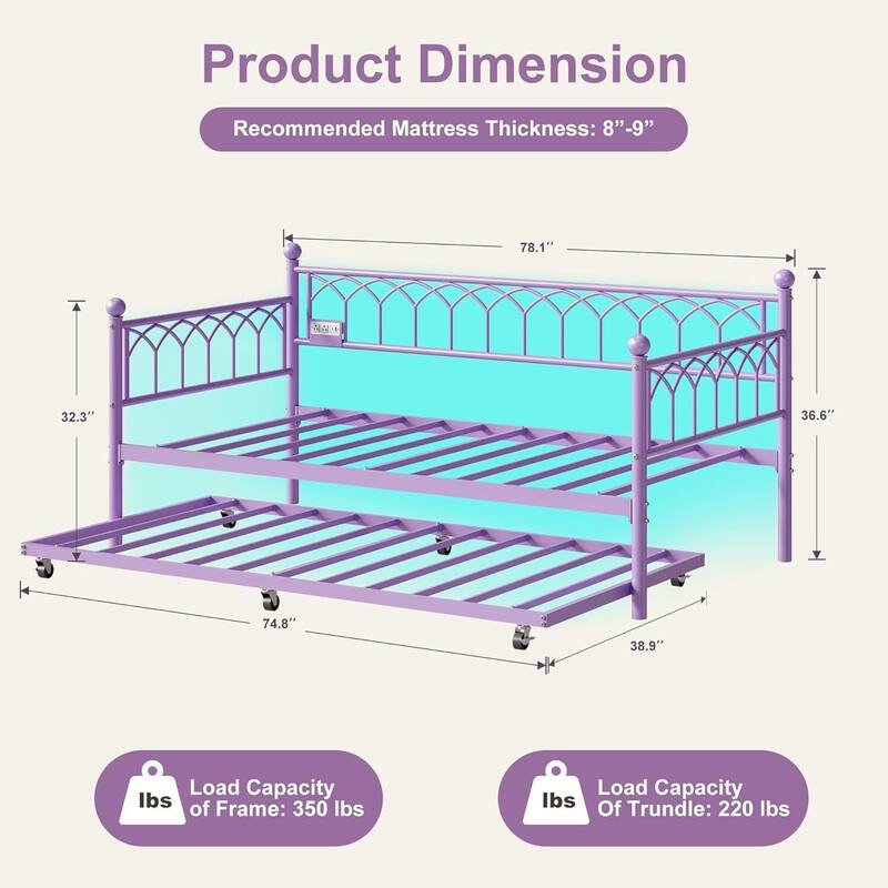 Heavy Duty Daybed, Twin Size Platform Sofa Bed Frame Set with Charging Station