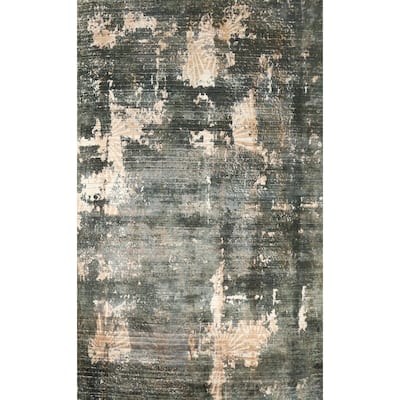 Hand Knotted Oriental Viscose Silk Carpet Modern Abstract Greys & Charcoal Abstract Area Rug - 7' 8'' X 5' 7''