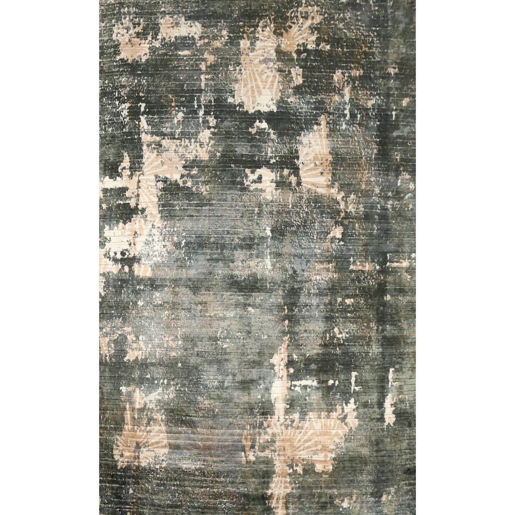Hand Knotted Oriental Viscose Silk Carpet Modern Abstract Greys & Charcoal Abstract Area Rug - 7' 8'' X 5' 7''
