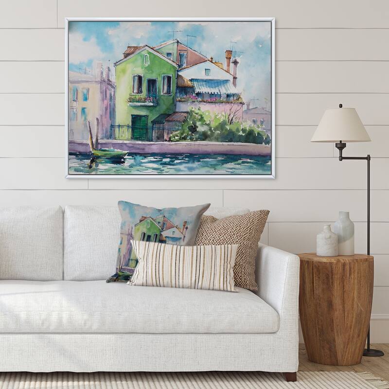 Designart "Sunny Day On The Waterfront On The Island" French Country Framed Canvas Wall Art Print - 32 in. wide x 16 in. high - White