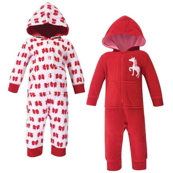 slide 1 of 1, Hudson Baby Infant Girl Fleece Jumpsuits, Coveralls, and Playsuits 2pk, Christmas Unicorn 0 - 3 Months - Red
