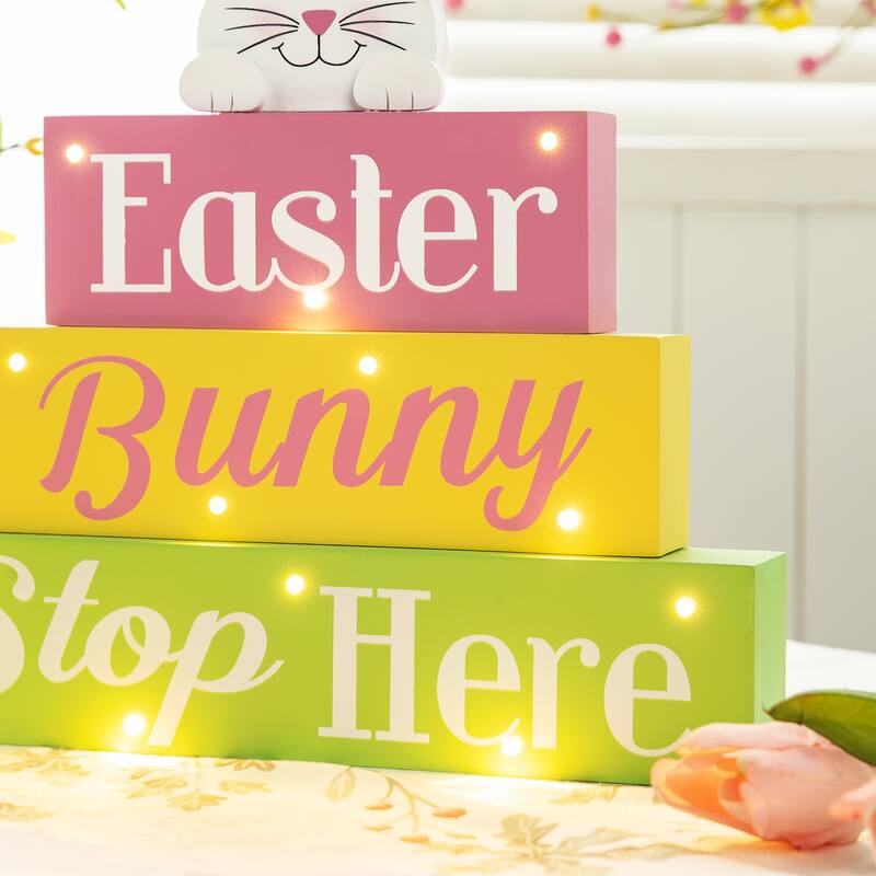 Glitzhome 12"L LED Lighted Easter Wooden Bunny Block Word Sign Table Decor Spring Gifts