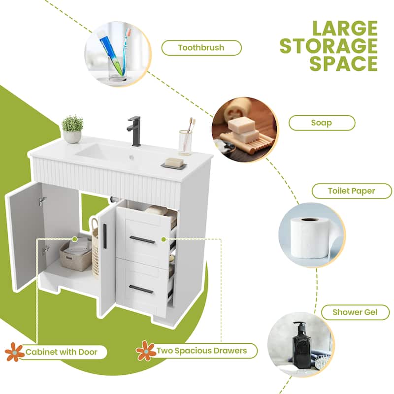 EROMMY Bathroom Vanity with Sink and Faucet, Freestanding Vanity Cabinet with Drawers & Doors, White Ceramic Top