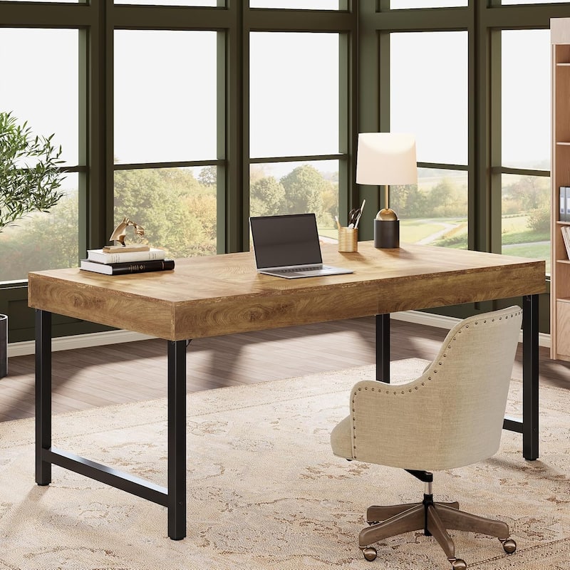 55 Inches Industrial Executive Desk, Rustic Simple Computer Laptop Desk with Strong Metal Legs -  Rustic Brown & Black