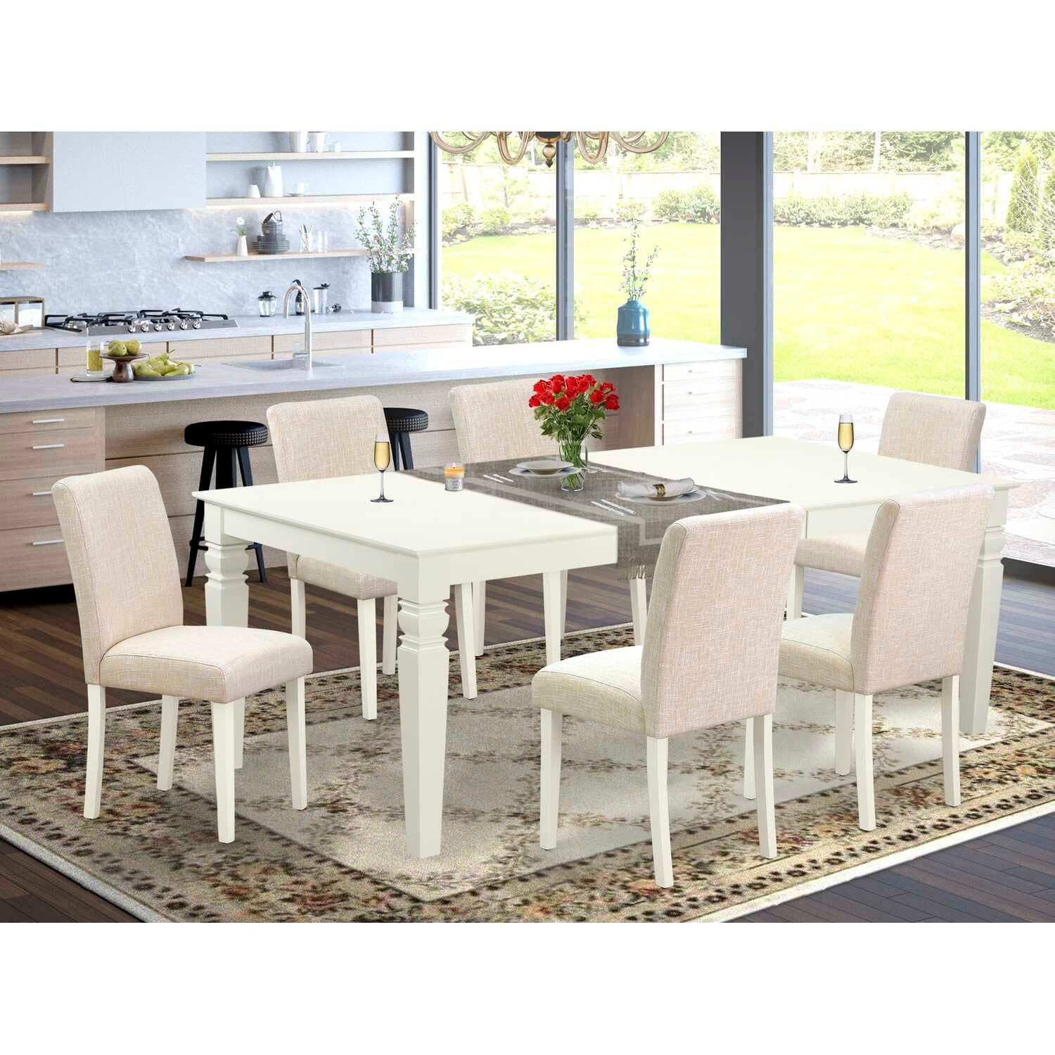Rectangle Kitchen Dining Table Set - 7Pc Victorian Style Table w/ Chairs - Linen White Legs & Beige Fabric
