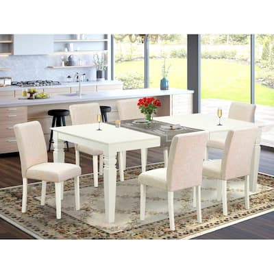 Rectangle Kitchen Dining Table Set - 7Pc Victorian Style Table w/ Chairs - Linen White Legs & Beige Fabric