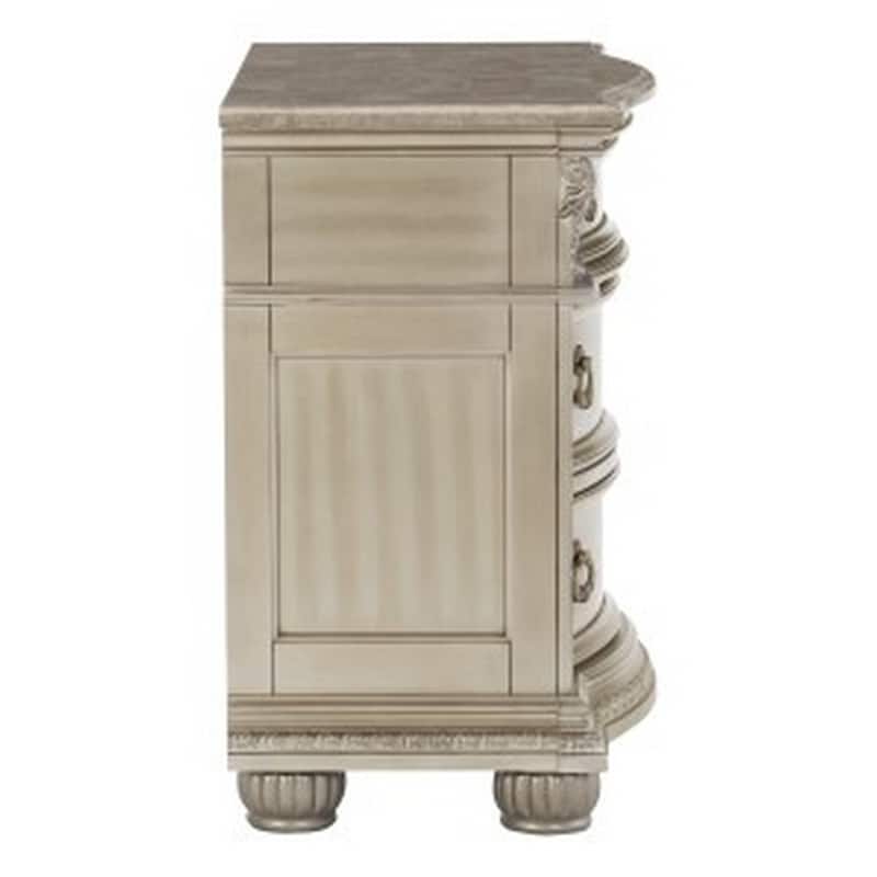 Caitlin 35 Inch 3 Drawer Nightstand with Marble Top, Leaf Carvings, Silver