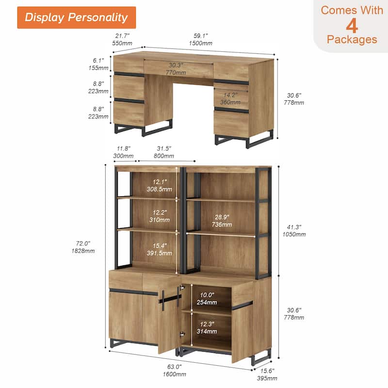 WAMPAT 59in Modern Executive Desk with Charging Station & Drawers and 2 PCS 72in Tall Bookcases with Storage Cabinet.