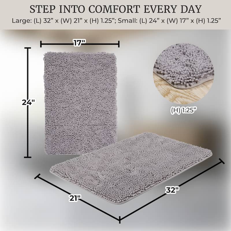 Bathroom Rugs - 2-Piece Memory Foam Bathroom Set with Chenille Shag Top and Non-Slip Base by Windsor Home