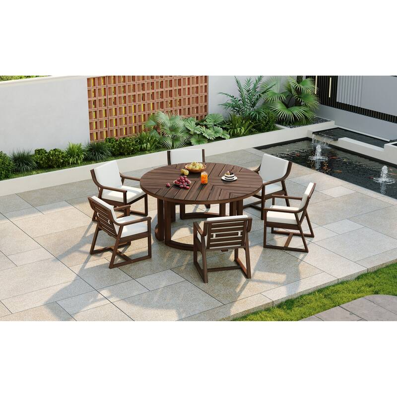 Round Patio Dining Table Set for 6 with Umbrella Hole Durable Acacia Wood Outdoor Furniture - Mocha