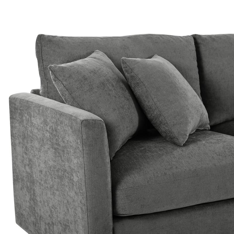 Curved Sectional Sofa, Chenille Fabric Sectional Couch with Chaise and 3 Throw Pillows