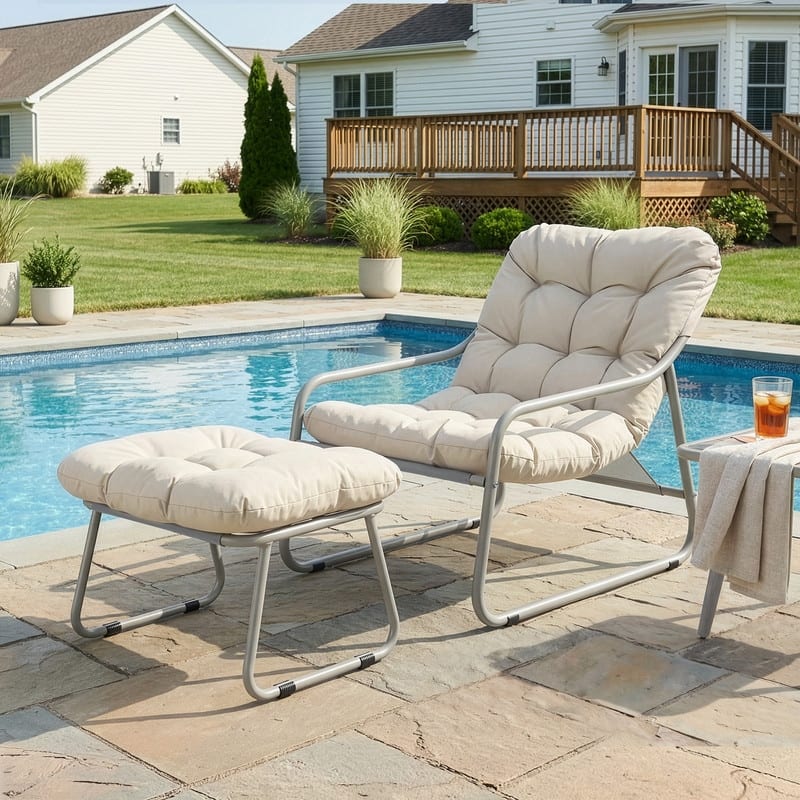 Outdoor Lounge Chair and Ottoman with Weather Resistant Cushion for Patio