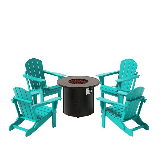 (4) Laguna Folding Adirondack Chairs with Fire Pit Table Set - Turquoise