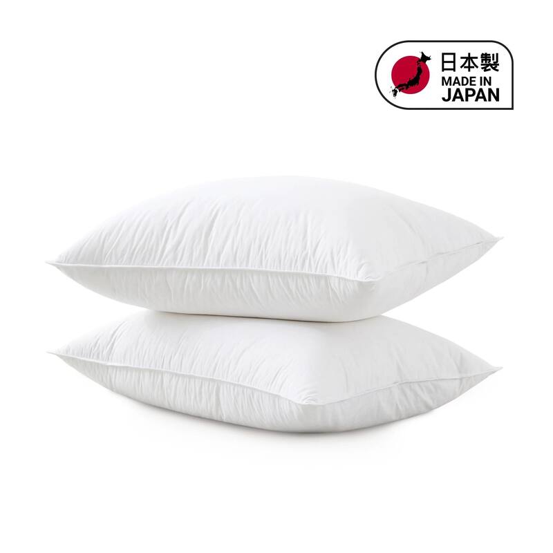 2 Pack 300TC Breathable Cotton Cover Goose Feather Down Pillows Made in Japan - Medium - Queen