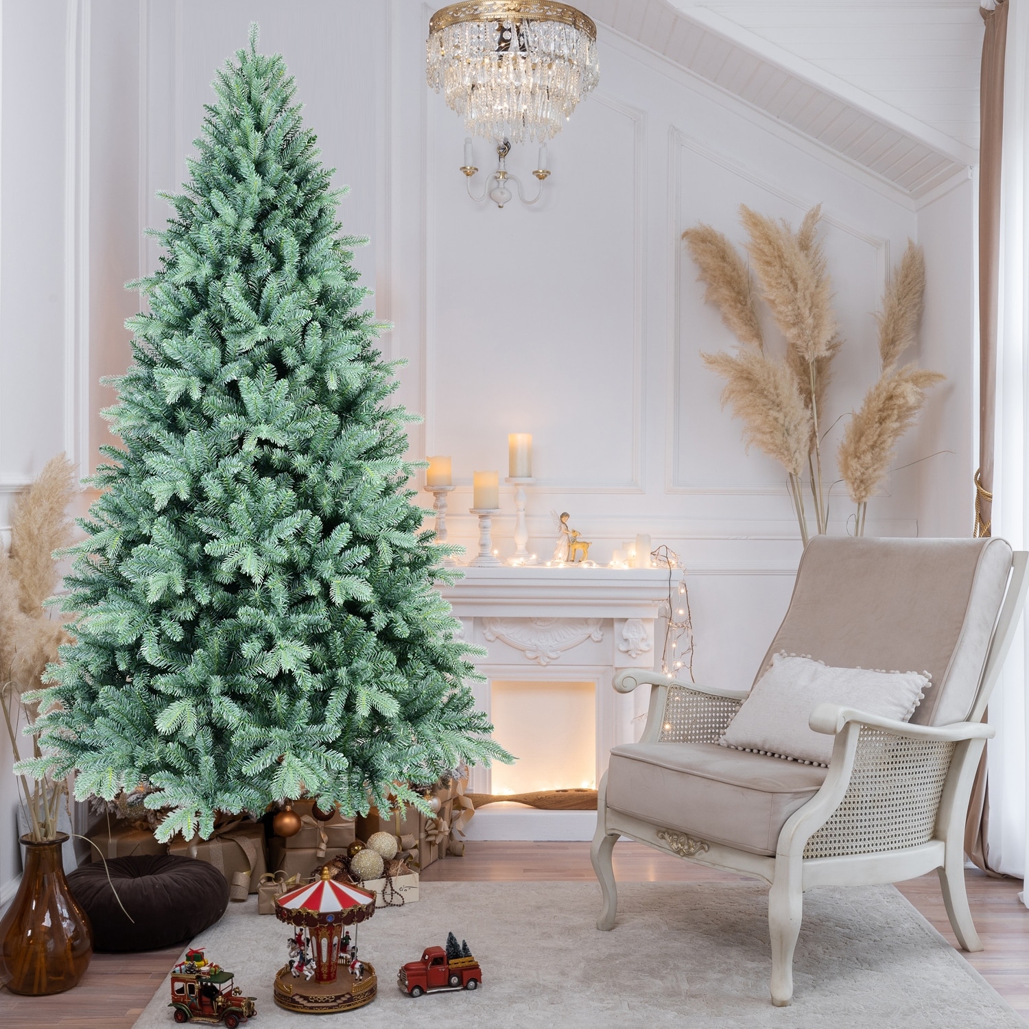 Blue-Green Tint Christmas Tree - PE/PVC Branches, Hinged Design, Full Natural Look, Metal Stand - Blue+Green