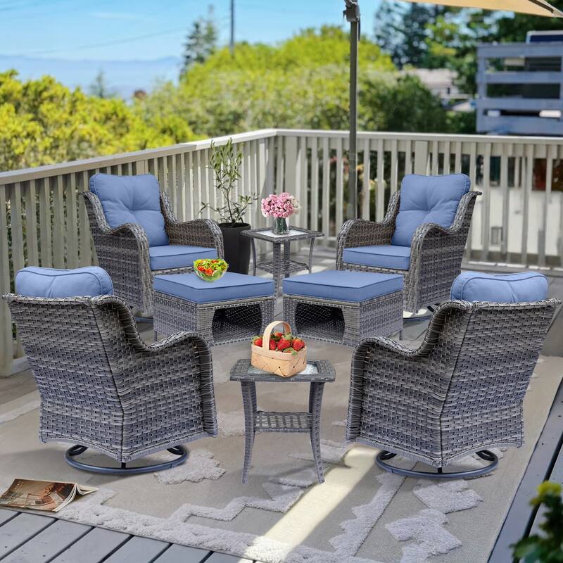 8 Piece Outdoor Wicker Patio Furniture Swivel Chairs and Ottoman Set