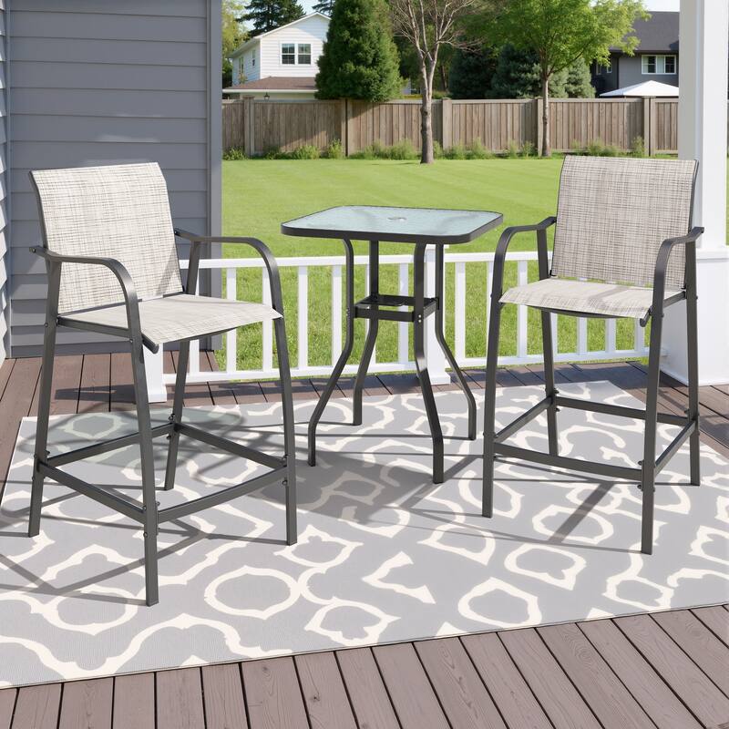 Outdoor Bar Stools Patio Bar Chairs and Glass Bar Table with Umbrella Hole - Gray&Brown