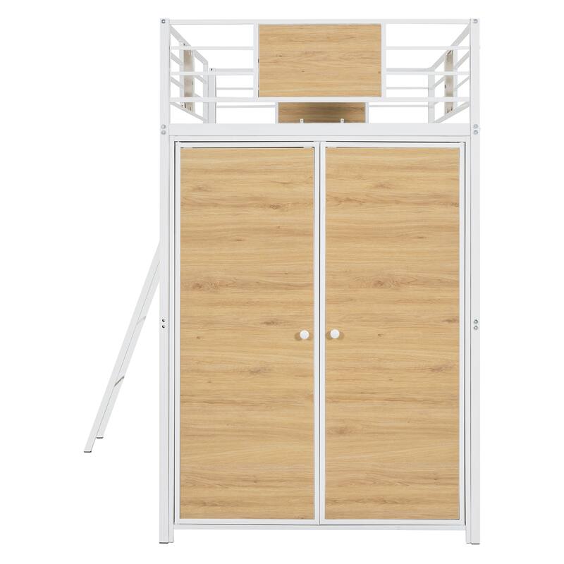 Modern Twin Loft Bed with Built-In L-Shape Desk and Large Wardrobe, Ideal for Compact Spaces