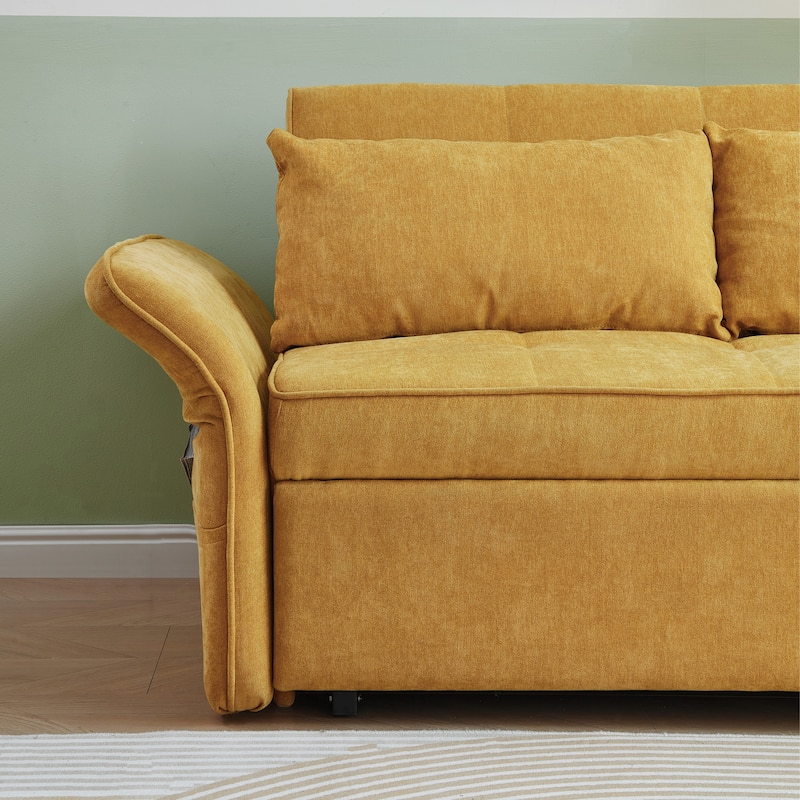 Yellow Chenille Fabric Pull-Out Sofa Bed Sleeper - 39.00 x 53.50 x 31.50
