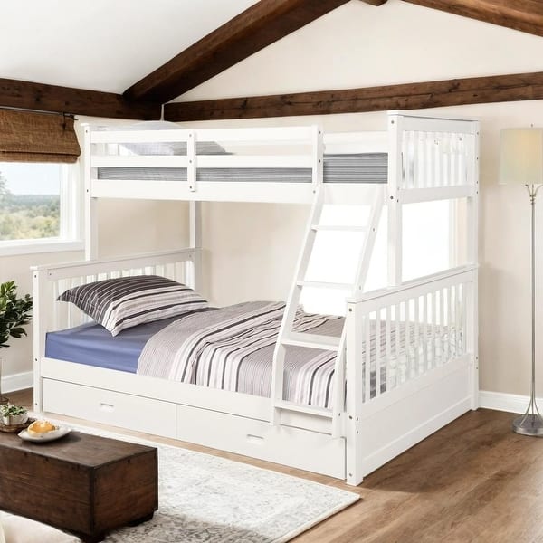 slide 2 of 33, Stylish & Simple Twin Over Full Bunk Bed with Storage Drawers, Wooden Bunk Bed with Ladder and Safety Guard Rails Espresso