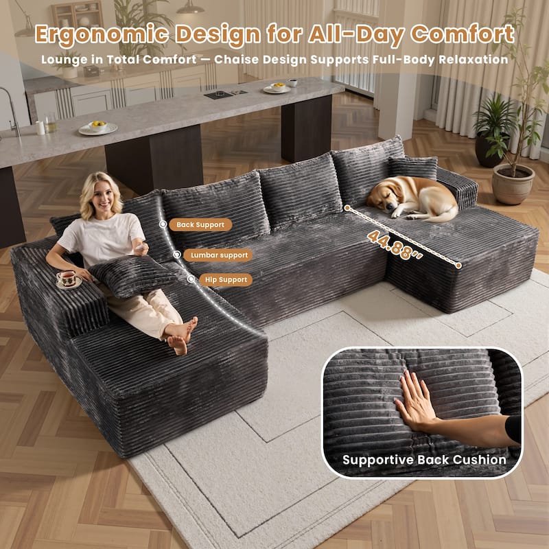 HOOOWOOO Modern Push Corduroy Fabric Sectional Sofa Couch with Pillows