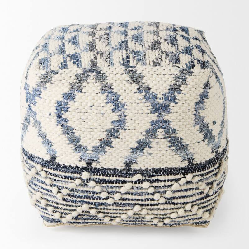 Mercana "Eshana" Cream Patterned Wool & Denim Square Pouf