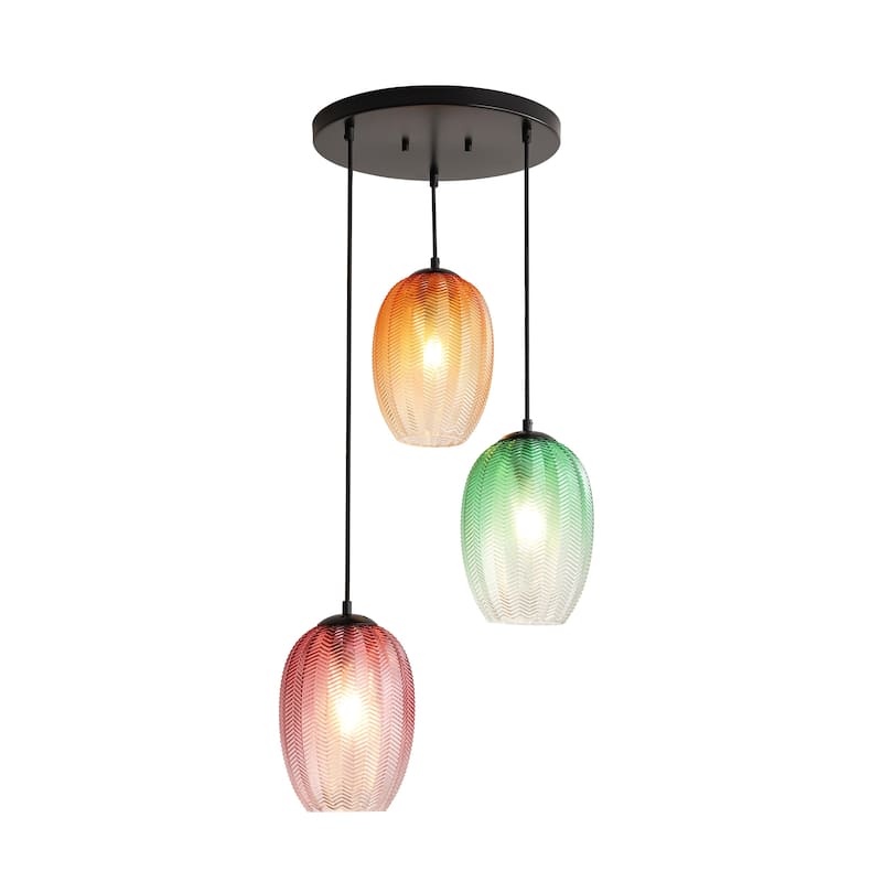 1/3-Light Modern Black Cylinder Colored Textured Gradient Glass Pendant Light for Kitchen Island or Stairway